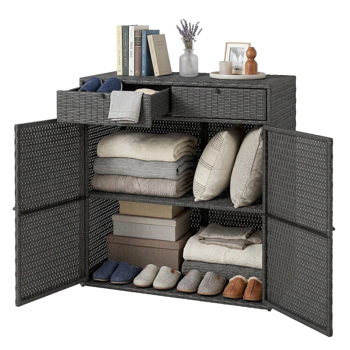 Wicker Outdoor Storage Cabinet with 2 Drawers and 2-Tier Shelves, Dark Grey