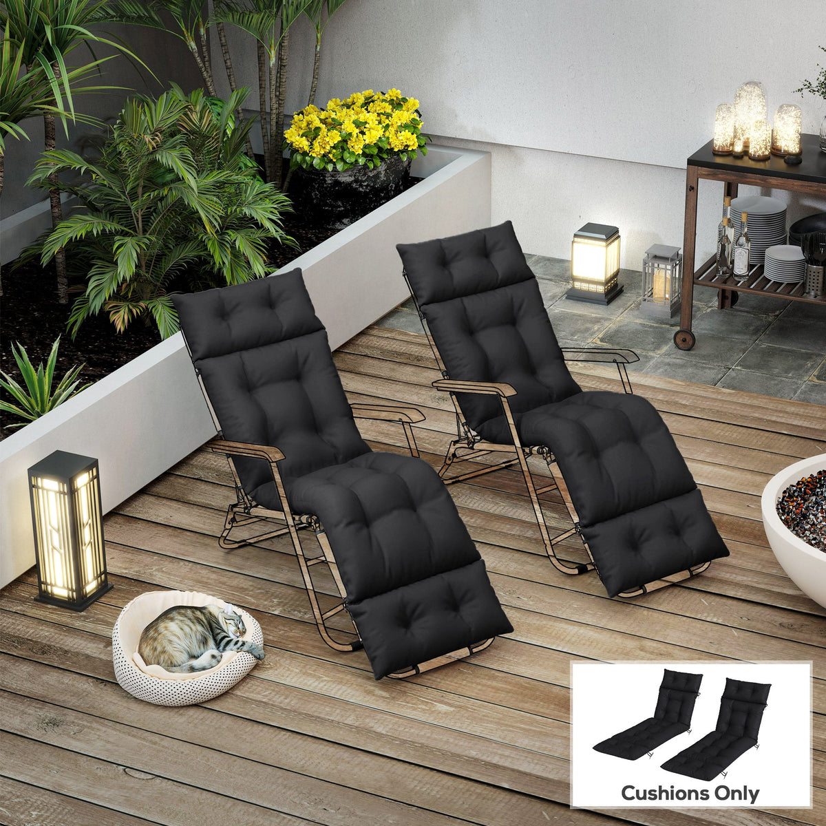 190x56x10cm Sun Lounger Cushions Set of 2 for Loungers, 220gsm UPF20+ Black