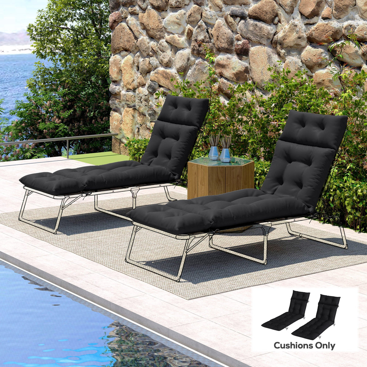 190x56x10cm Sun Lounger Cushions Set of 2 for Loungers, 220gsm UPF20+ Black