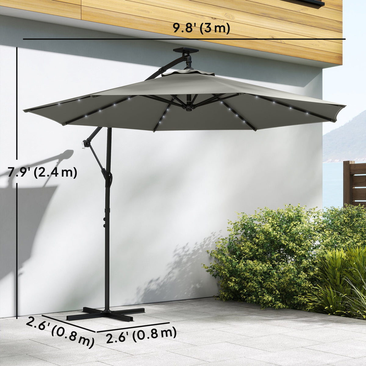 9.7 ft Cantilever Patio Umbrella with Solar LED Light and Cover, Grey