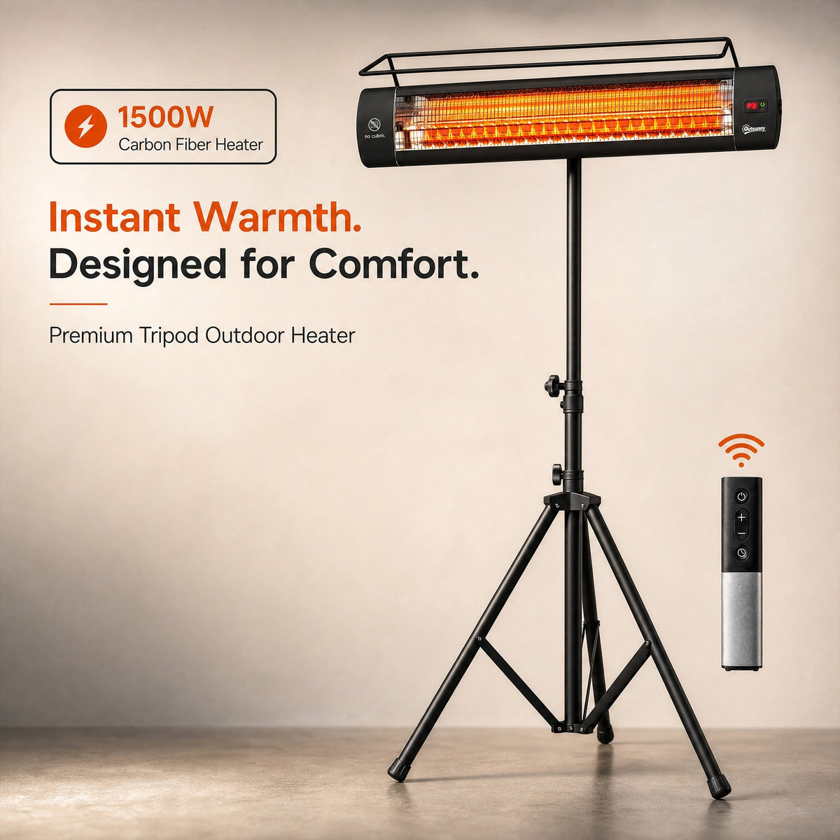1500W Infrared Standing Patio Heater with Tripod, IP65, 3 Heat Levels, Black