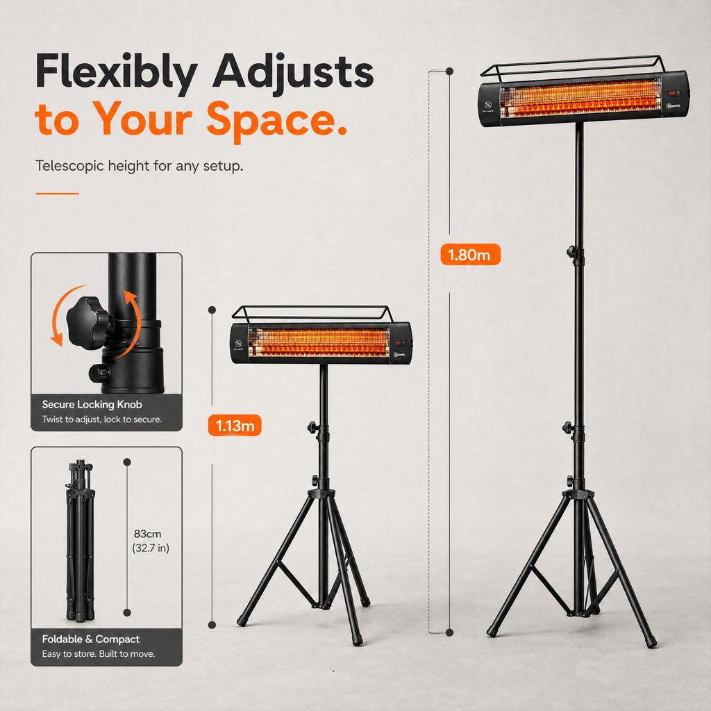 1500W Infrared Standing Patio Heater with Tripod, IP65, 3 Heat Levels, Black
