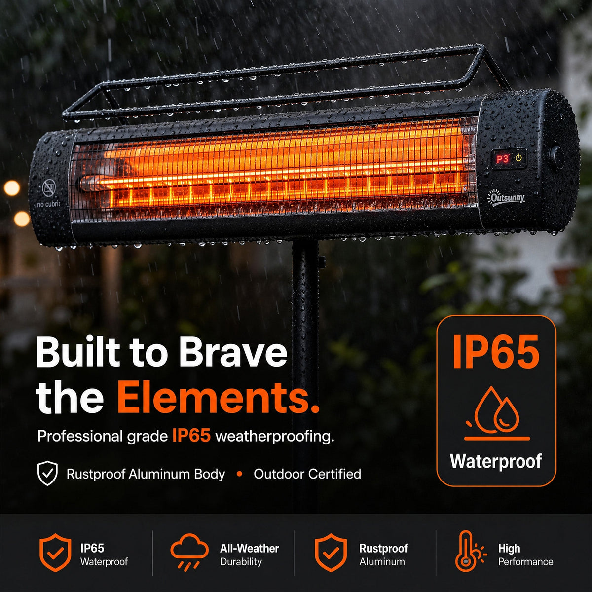 1500W Infrared Standing Patio Heater with Tripod, IP65, 3 Heat Levels, Black