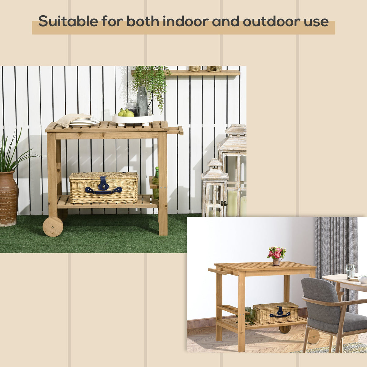 Wood Outdoor Bar Cart with 2 Shelves and Wine Holders, Natural