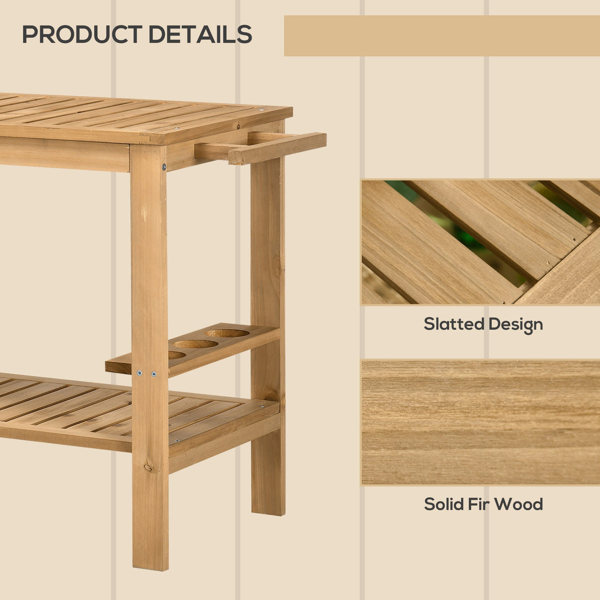 Wood Outdoor Bar Cart with 2 Shelves and Wine Holders, Natural