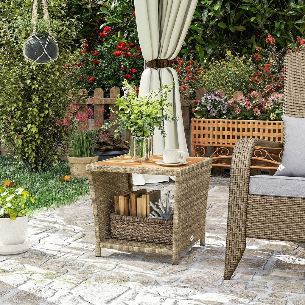 2-Tier PE Rattan Side Table with Storage Shelf, Khaki