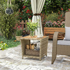 2-Tier PE Rattan Side Table with Storage Shelf, Khaki