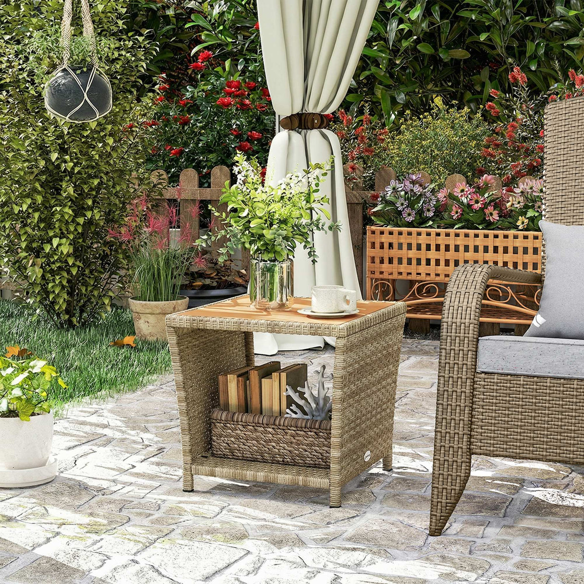 2-Tier PE Rattan Side Table with Storage Shelf, Khaki