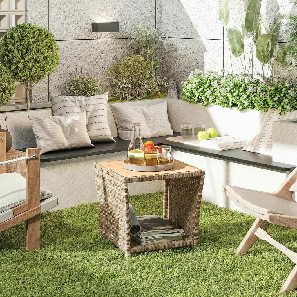 2-Tier PE Rattan Side Table with Storage Shelf, Khaki