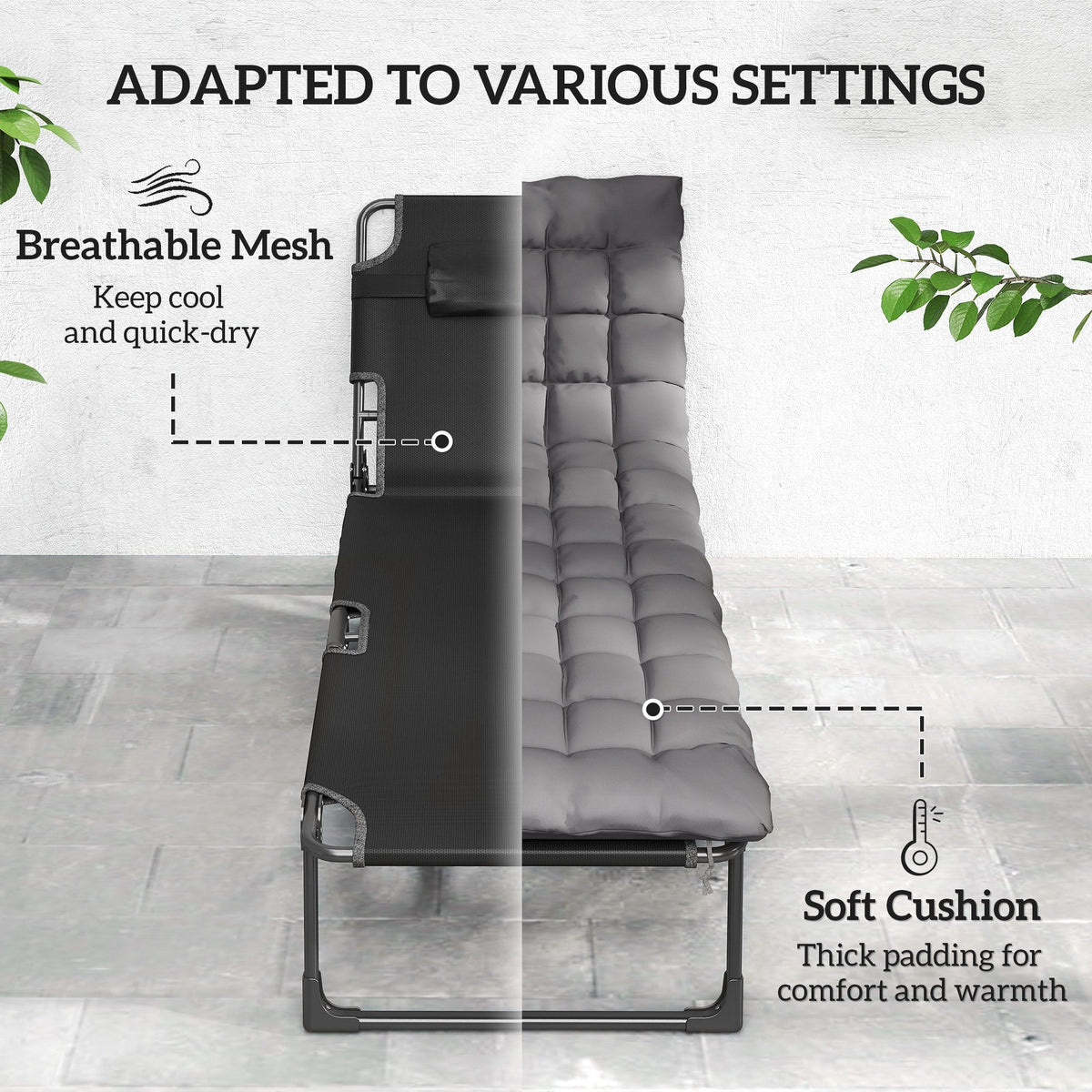 Folding Lounge Chair, 75 cm Wide with Cushion and Side Pocket, Dark Grey