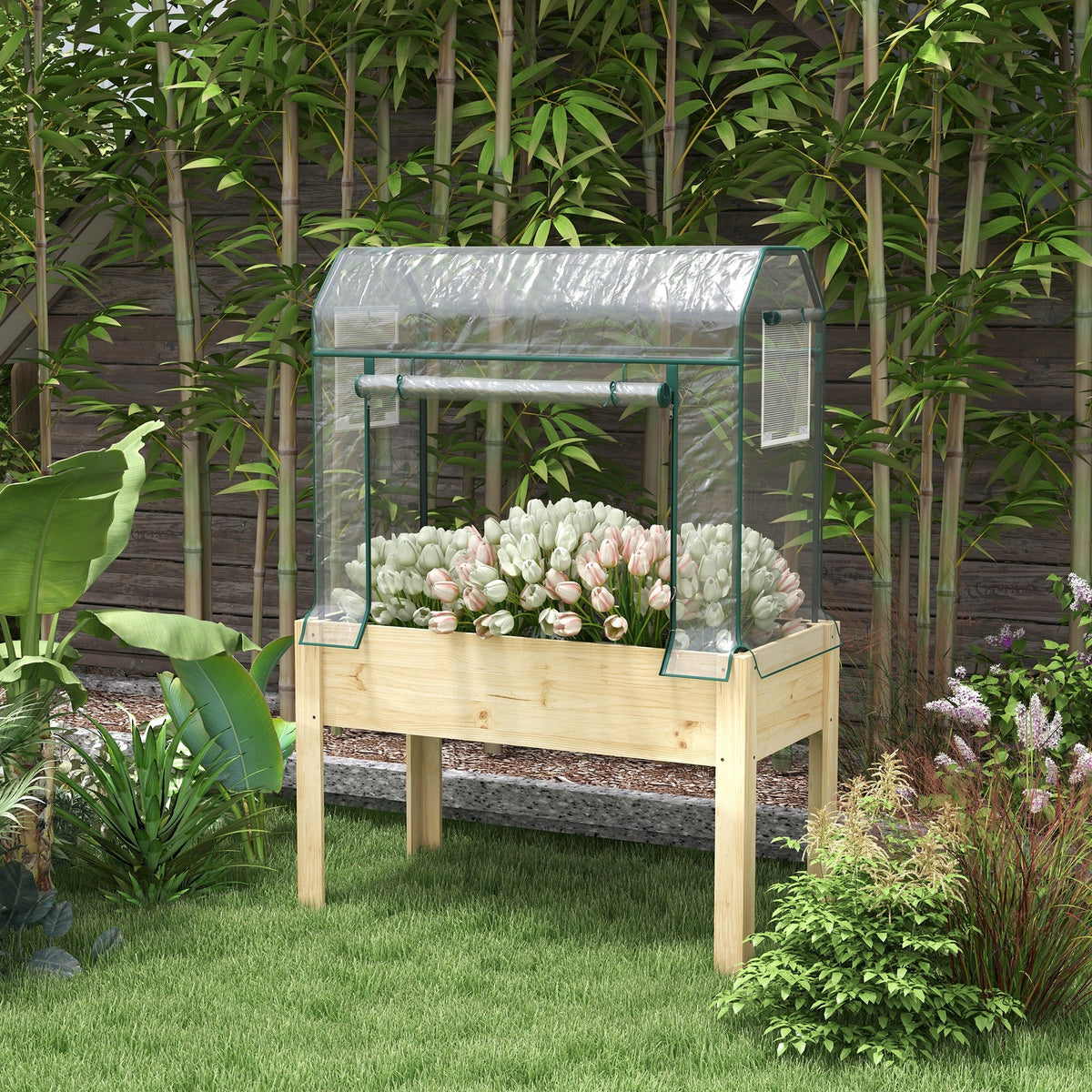 Raised Garden Bed with Plastic Greenhouse Cover & Liner for Herbs and Vegetables, 45" x 24" x 65" Natural