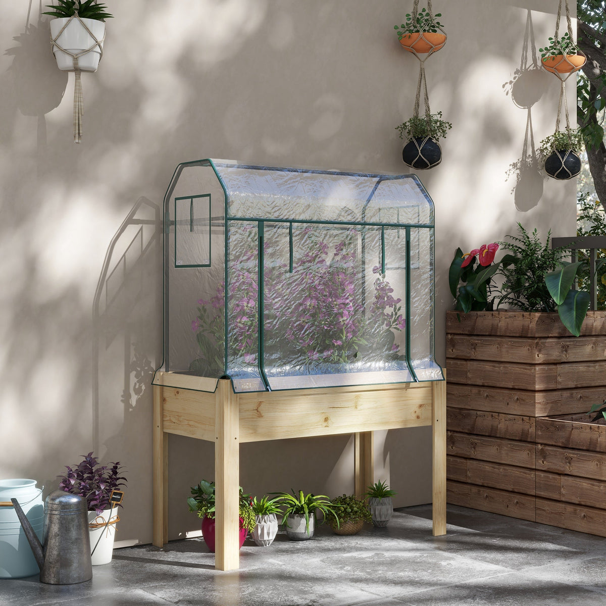 Raised Garden Bed with Plastic Greenhouse Cover & Liner for Herbs and Vegetables, 45" x 24" x 65" Natural