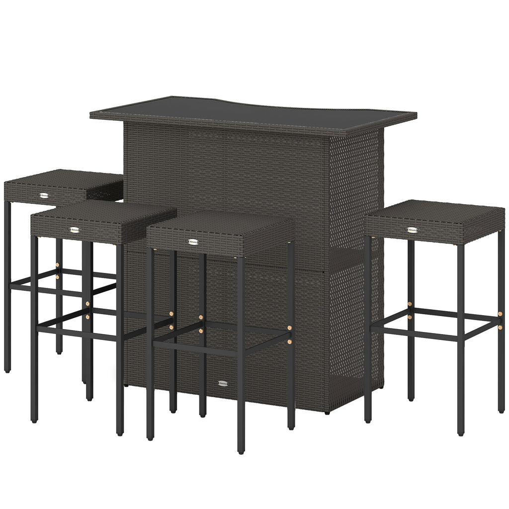 5 Piece Outdoor Wicker Bar Set with Glass Top Table and 4 Stools, Dark Brown