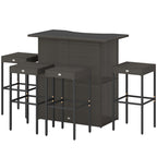 5 Piece Outdoor Wicker Bar Set with Glass Top Table and 4 Stools, Dark Brown
