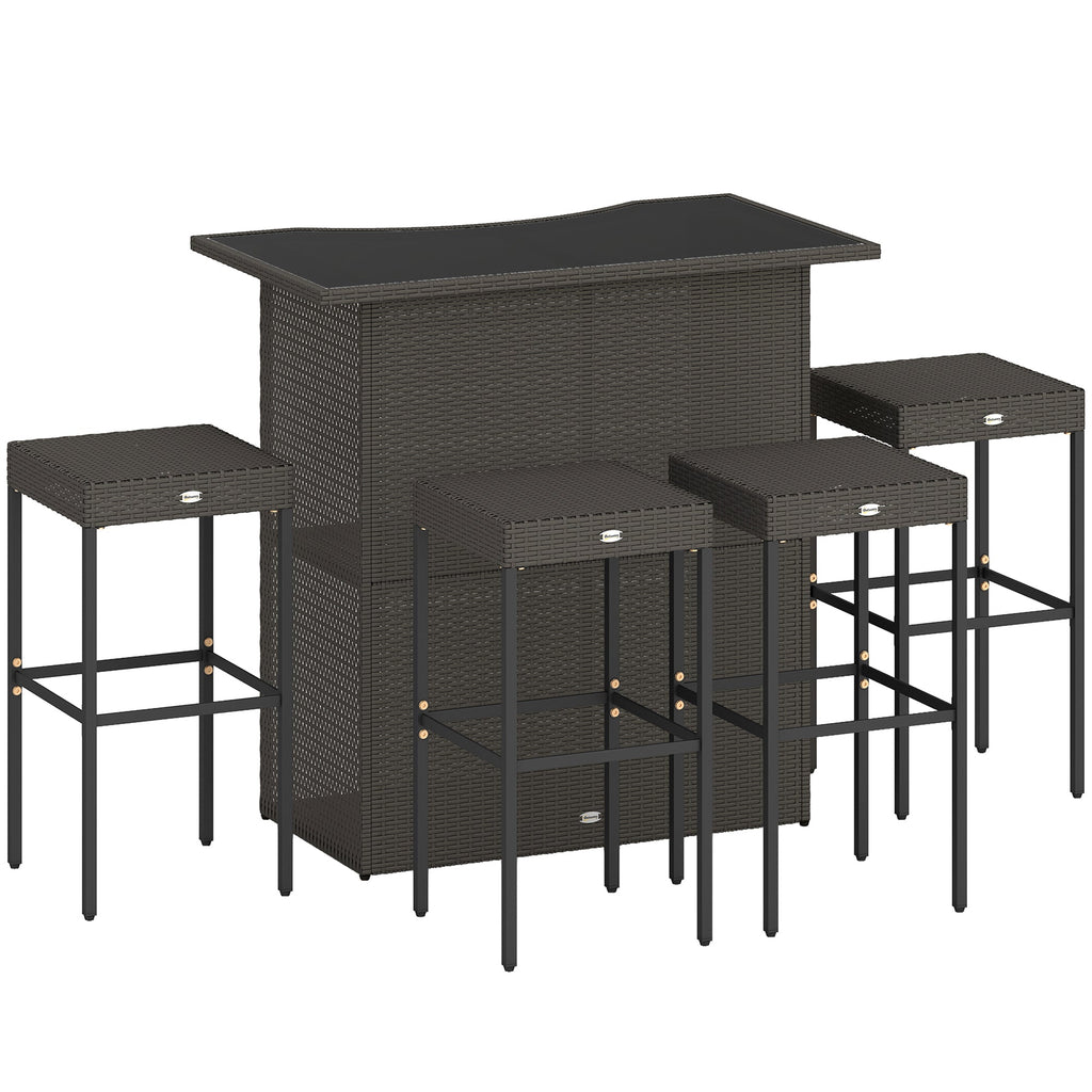 5 Piece Outdoor Wicker Bar Set with Glass Top Table and 4 Stools, Dark Brown