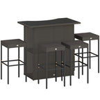 5 Piece Outdoor Wicker Bar Set with Glass Top Table and 4 Stools, Dark Brown
