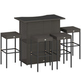 5 Piece Outdoor Wicker Bar Set with Glass Top Table and 4 Stools, Dark Brown