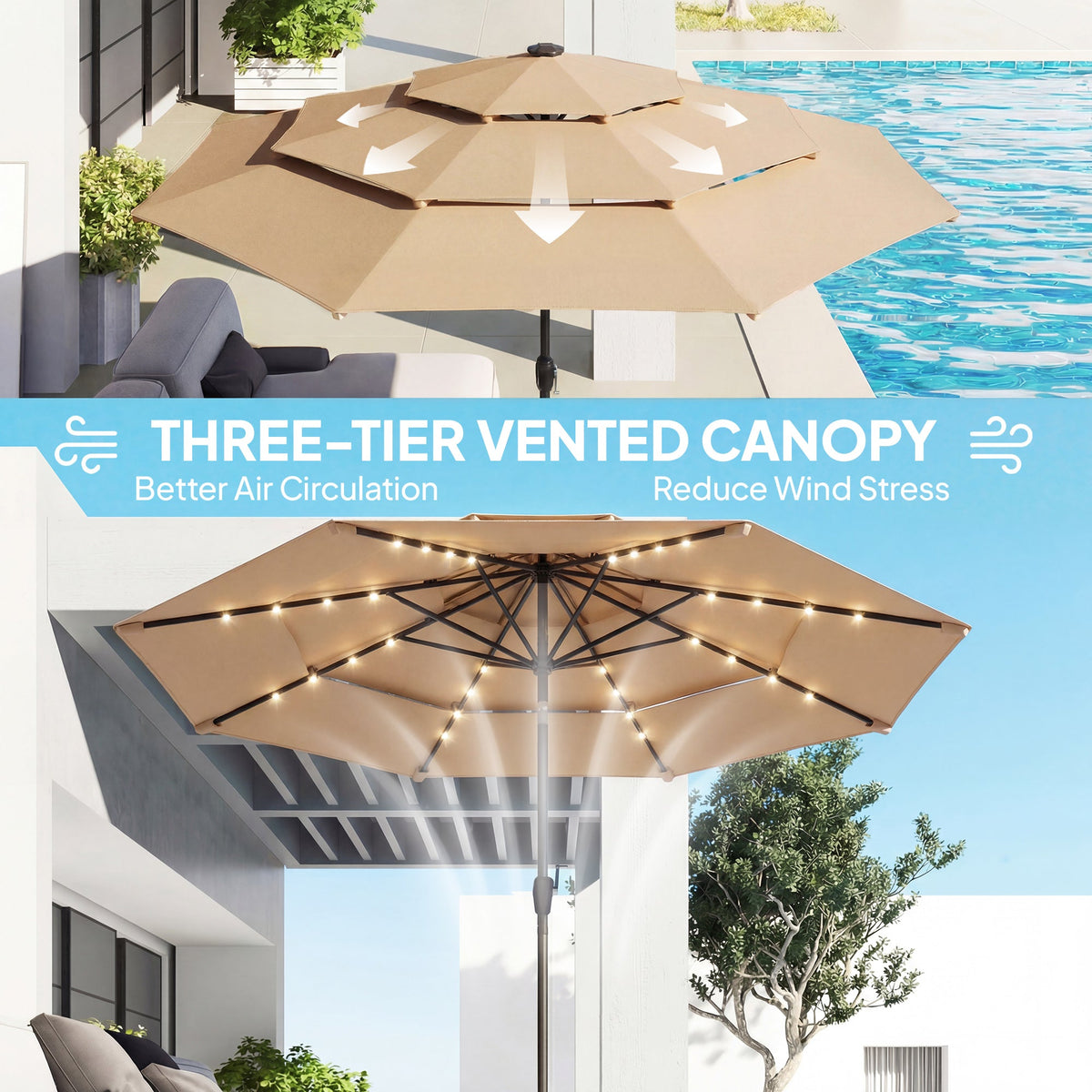 2.8 m Garden Parasol with Solar LED Light, Cover and 3-Tier Top, Khaki