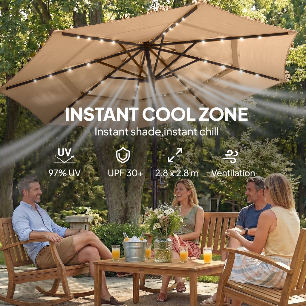2.8 m Garden Parasol with Solar LED Light, Cover and 3-Tier Top, Khaki