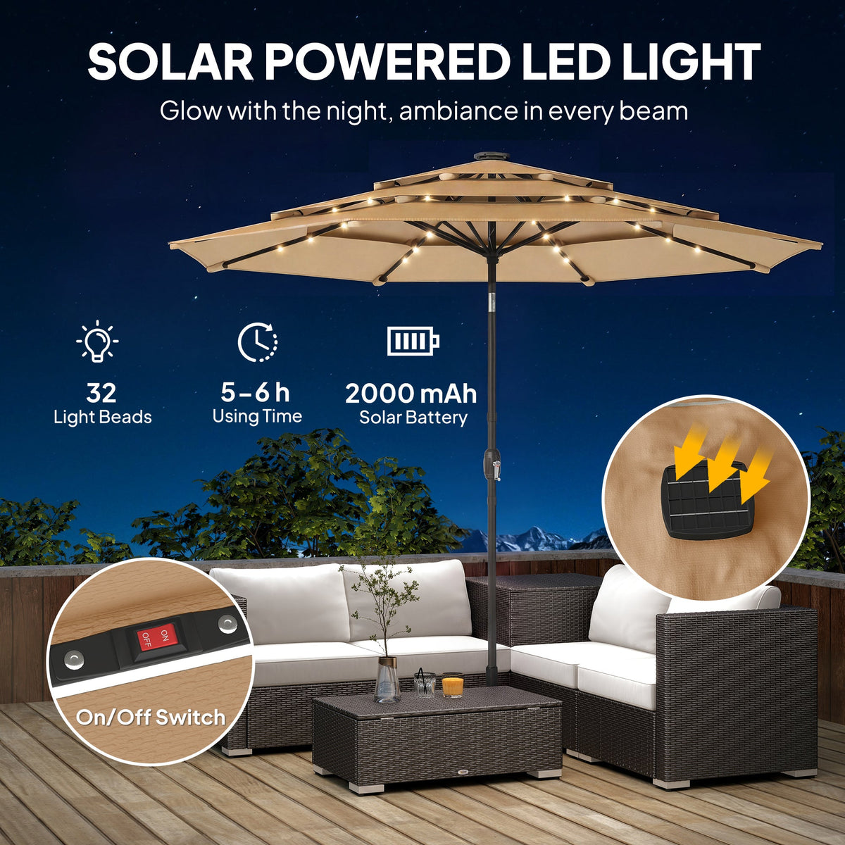 2.8 m Garden Parasol with Solar LED Light, Cover and 3-Tier Top, Khaki