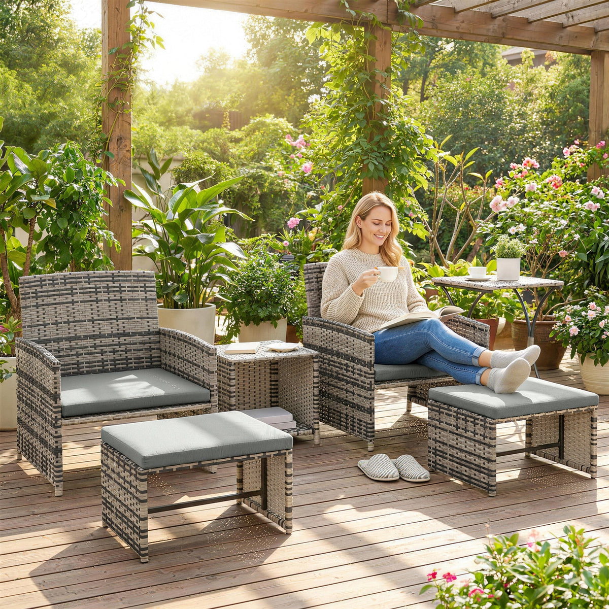 6 Piece Rattan Garden Furniture Set with 2 Nesting Tables, Grey