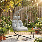 Hanging Egg Chair with Foldable Metal Stand, Thick Cushion, Light Grey