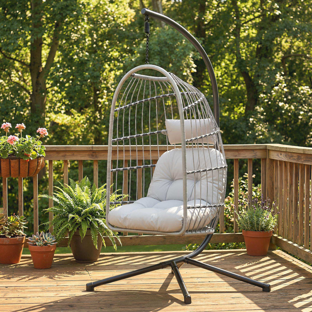 Hanging Egg Chair with Foldable Metal Stand, Thick Cushion, Light Grey