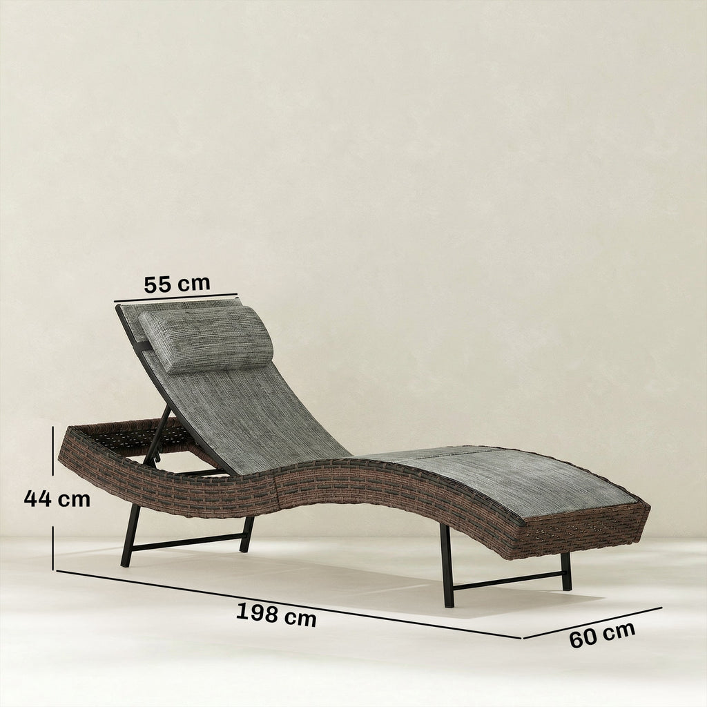 Rattan Sun Lounger with S-Shaped Seat and 5-Position Backrest, Brown