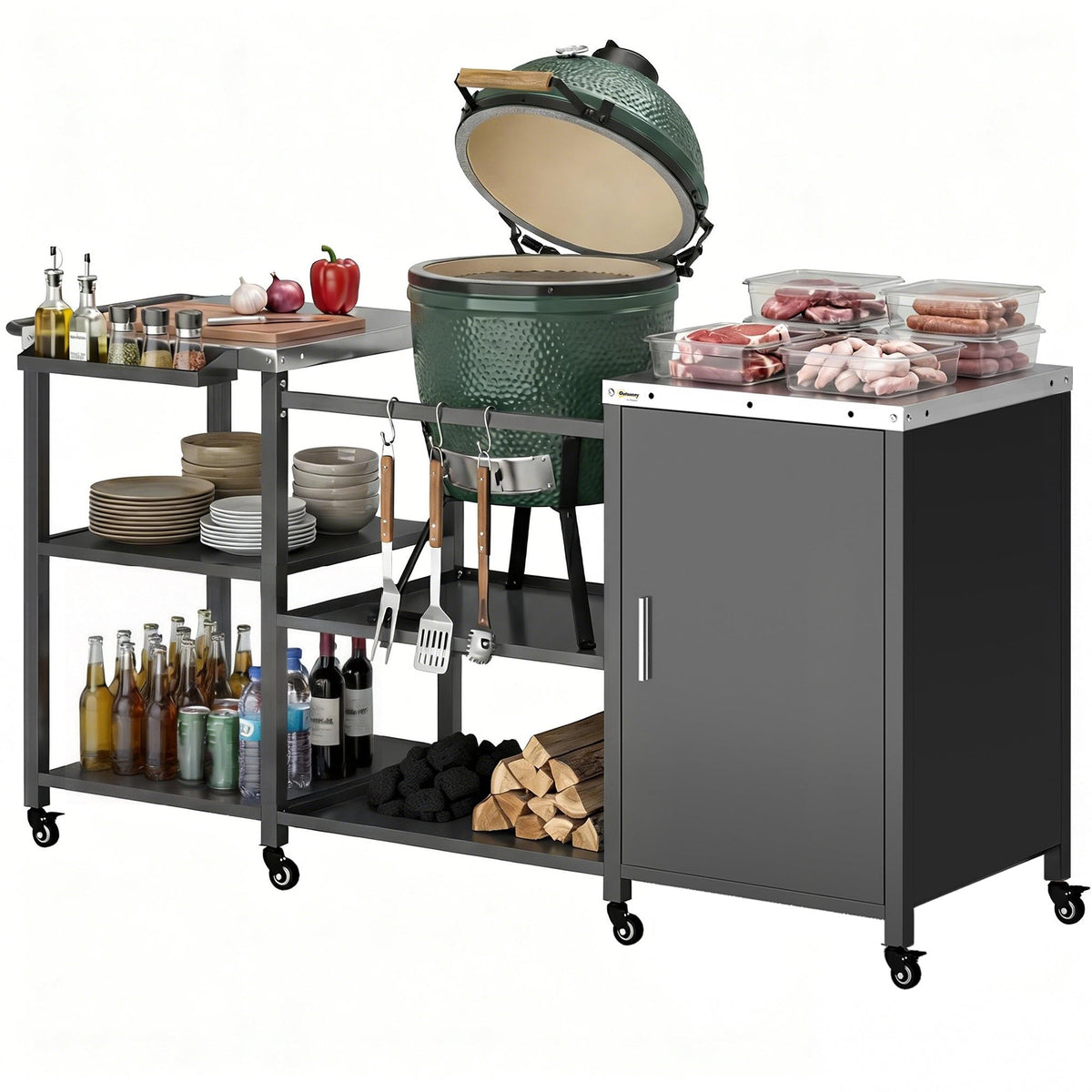 BBQ Grill Table with Stainless Steel Top and Storage Cabinet