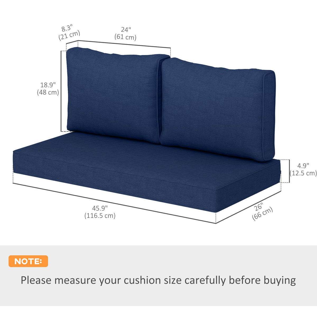 2 Seater Outdoor Seat Cushions with Backrest, Navy Blue