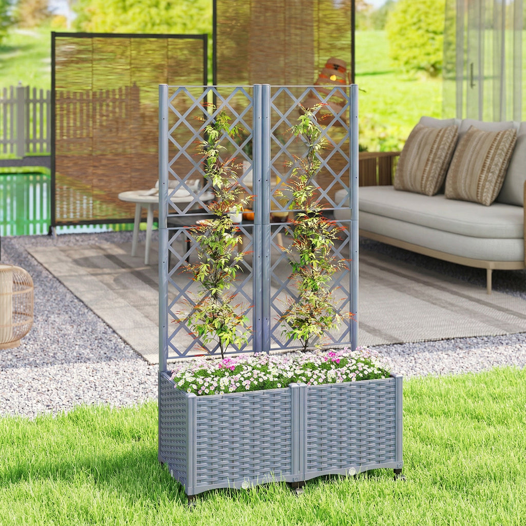 56.3" Self-Watering Planter Box with Trellis and Wheels, Gray