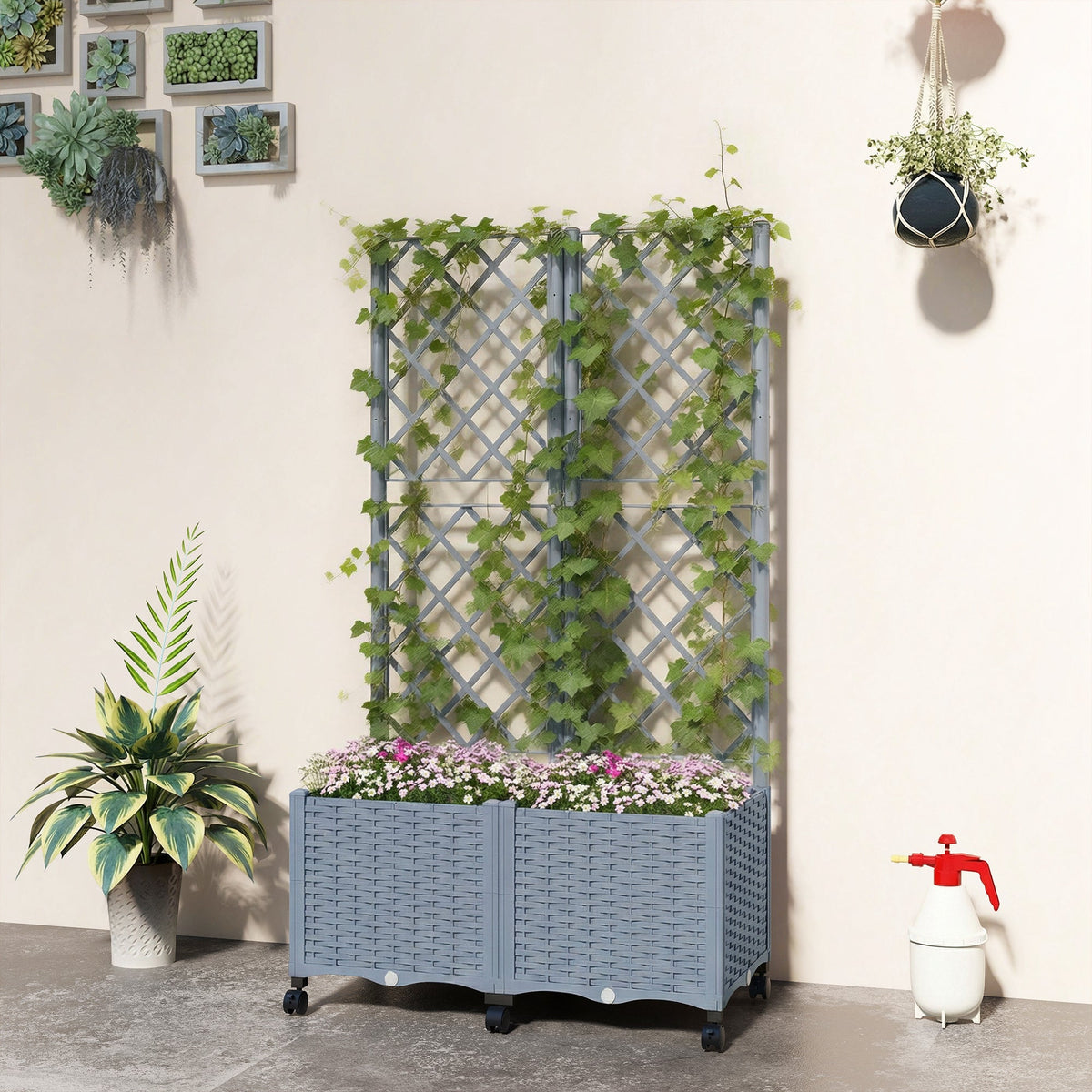 56.3" Self-Watering Planter Box with Trellis and Wheels, Gray