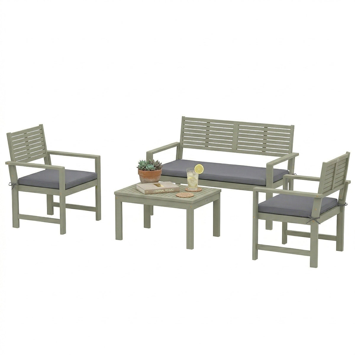 4-Seater Acacia Garden Set with Loveseat, 2 Chairs & Wood Table, Light Grey