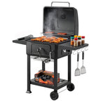 Charcoal BBQ Grill with Adjustable Pan, Side Tables and Chimney, Black