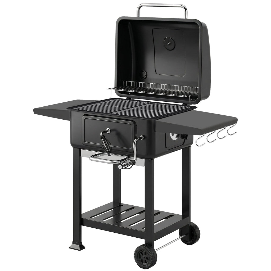 Charcoal BBQ Grill with Adjustable Pan, Side Tables and Chimney, Black