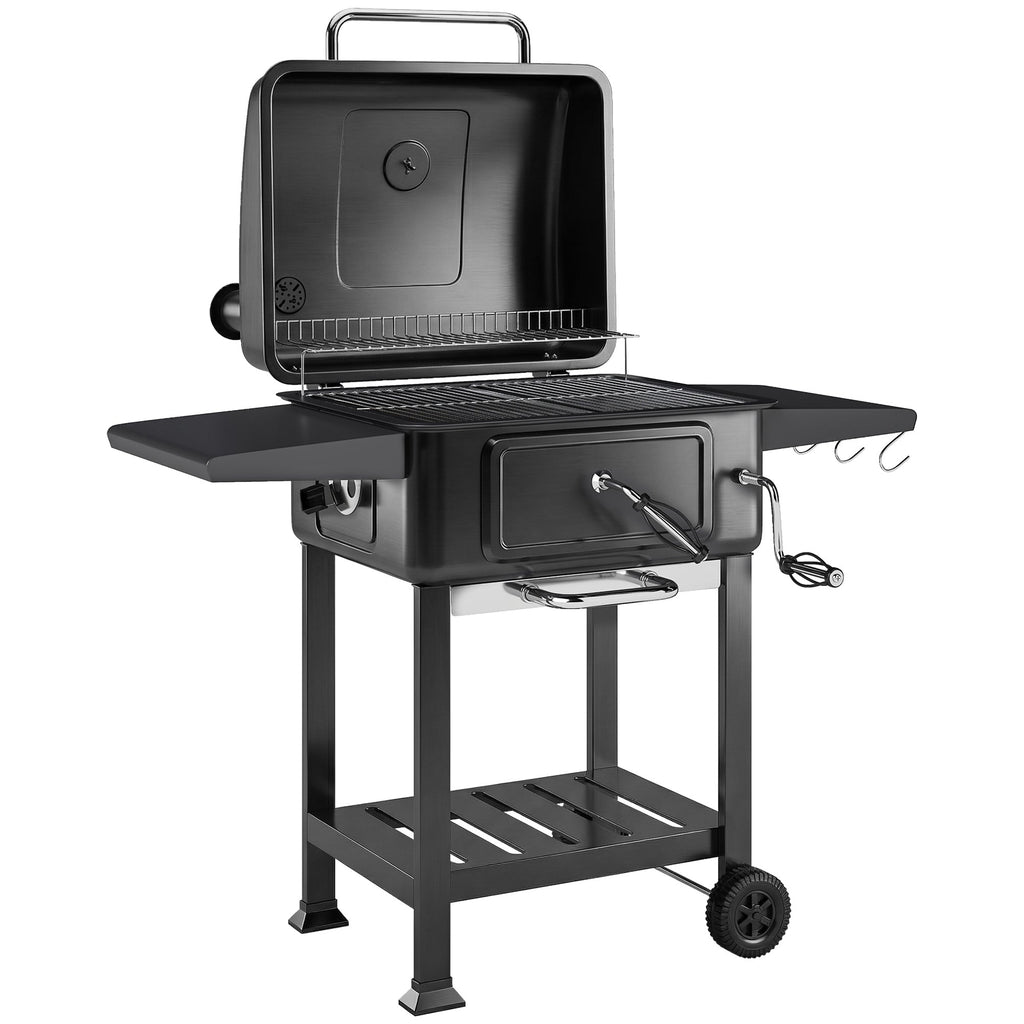 Charcoal BBQ Grill with Adjustable Pan, Side Tables and Chimney, Black