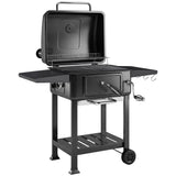 Charcoal BBQ Grill with Adjustable Pan, Side Tables and Chimney, Black