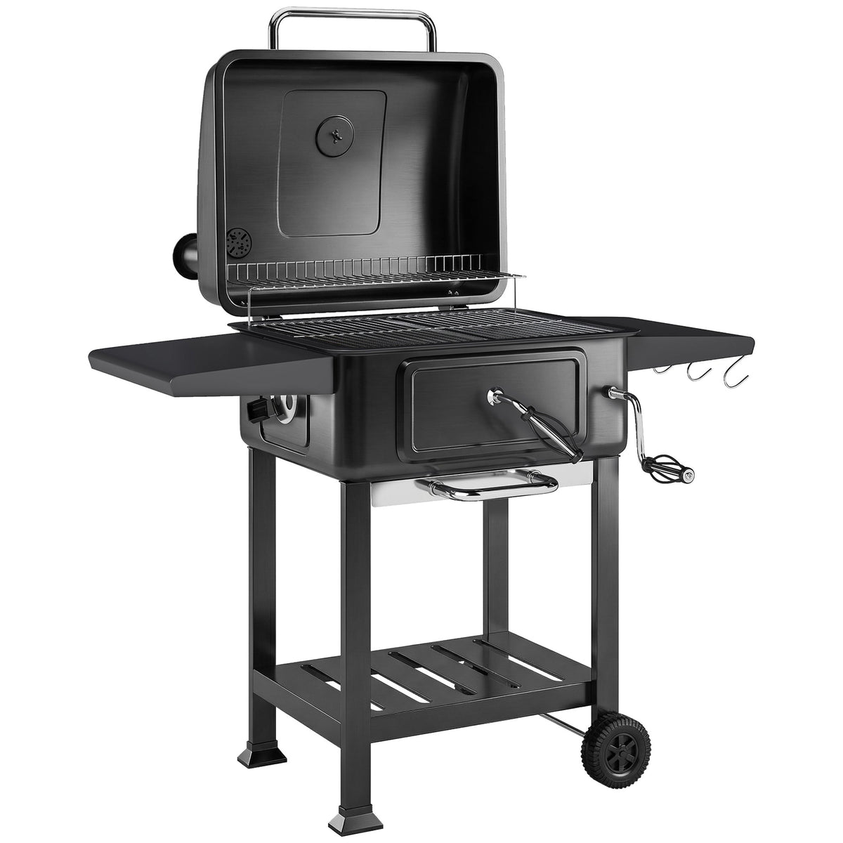 Charcoal BBQ Grill with Adjustable Pan, Side Tables and Chimney, Black