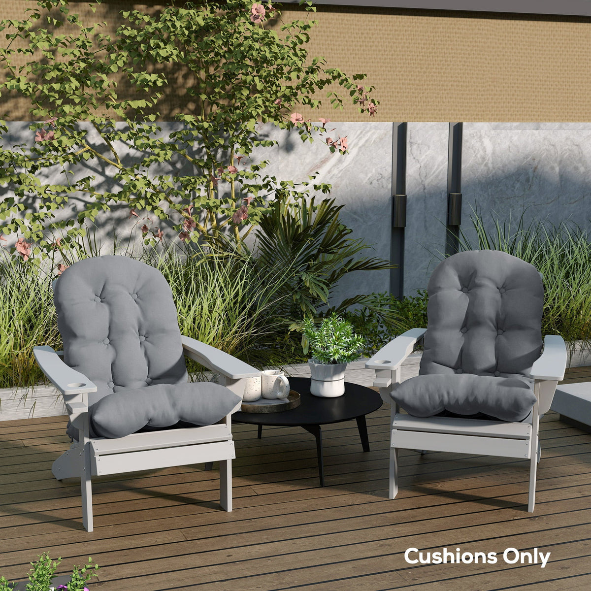 Set of 2 Tufted High Back Adirondack Chair Cushions with Ties, Non-Slip Grey