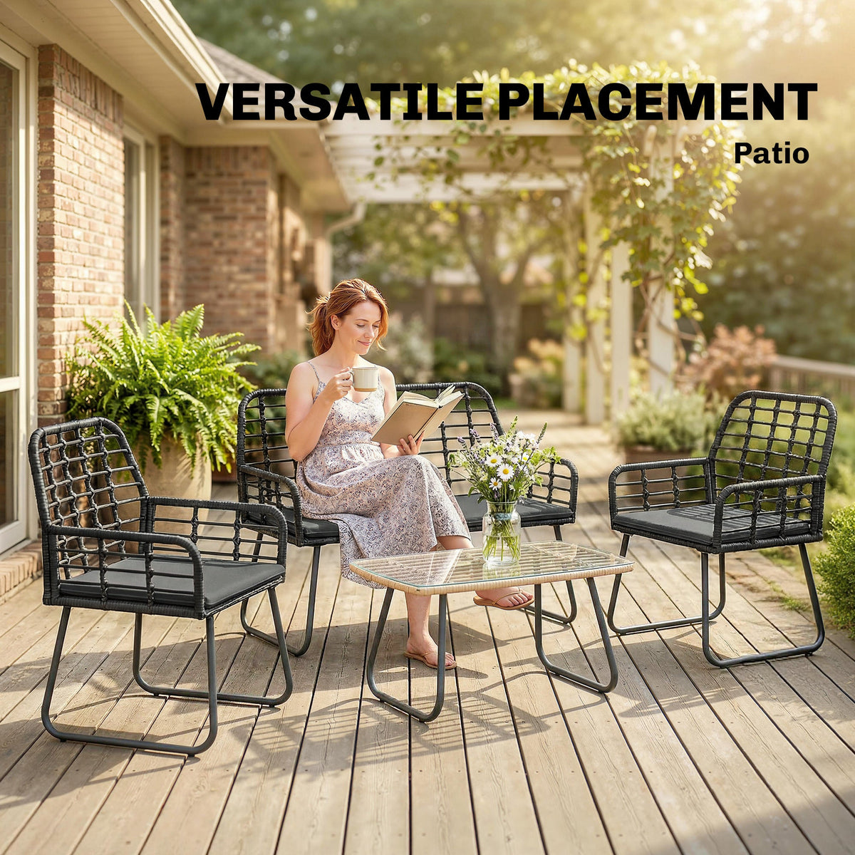4 Piece Rattan Garden Furniture Set with Loveseat and Coffee Table, Black