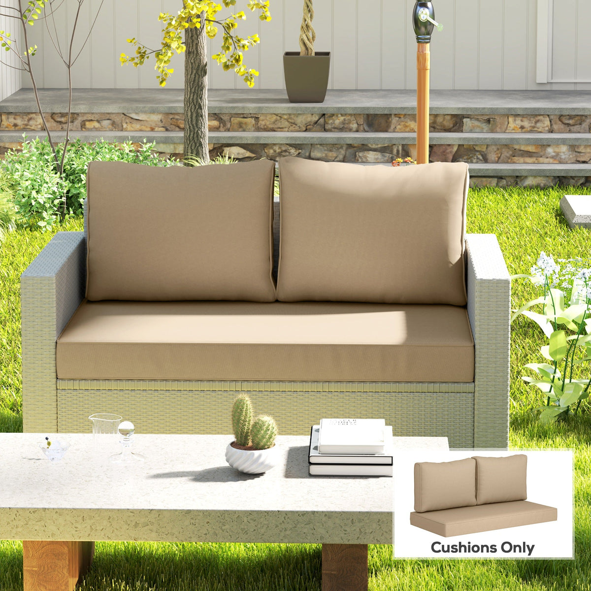 2 Seater Outdoor Seat Cushions with Backrest, Beige
