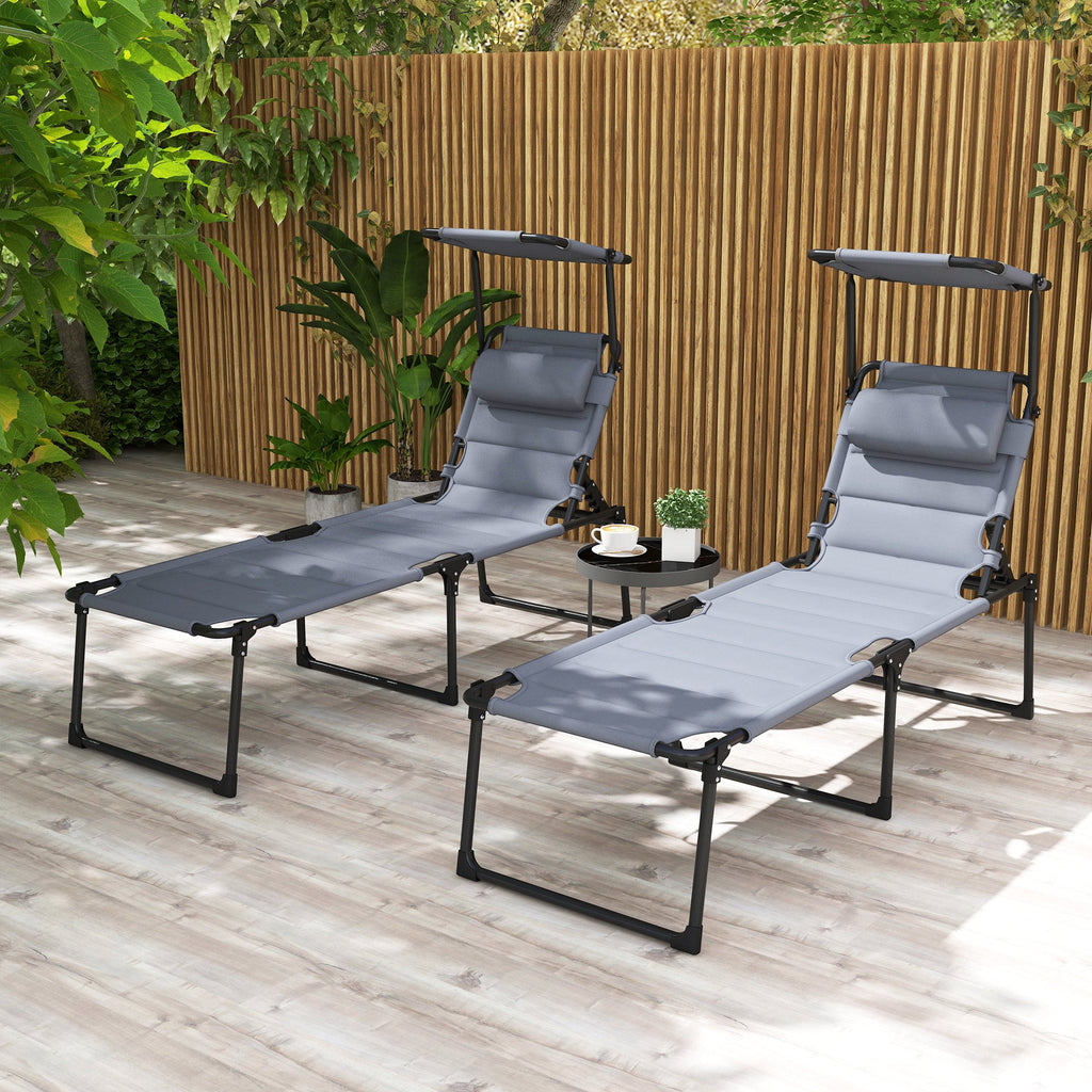 2-Piece Outdoor Lounge Chairs with Sunshade and Pillow, Gray