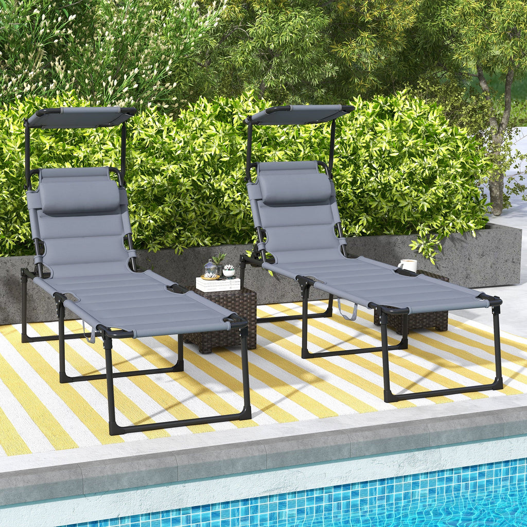 2-Piece Outdoor Lounge Chairs with Sunshade and Pillow, Gray