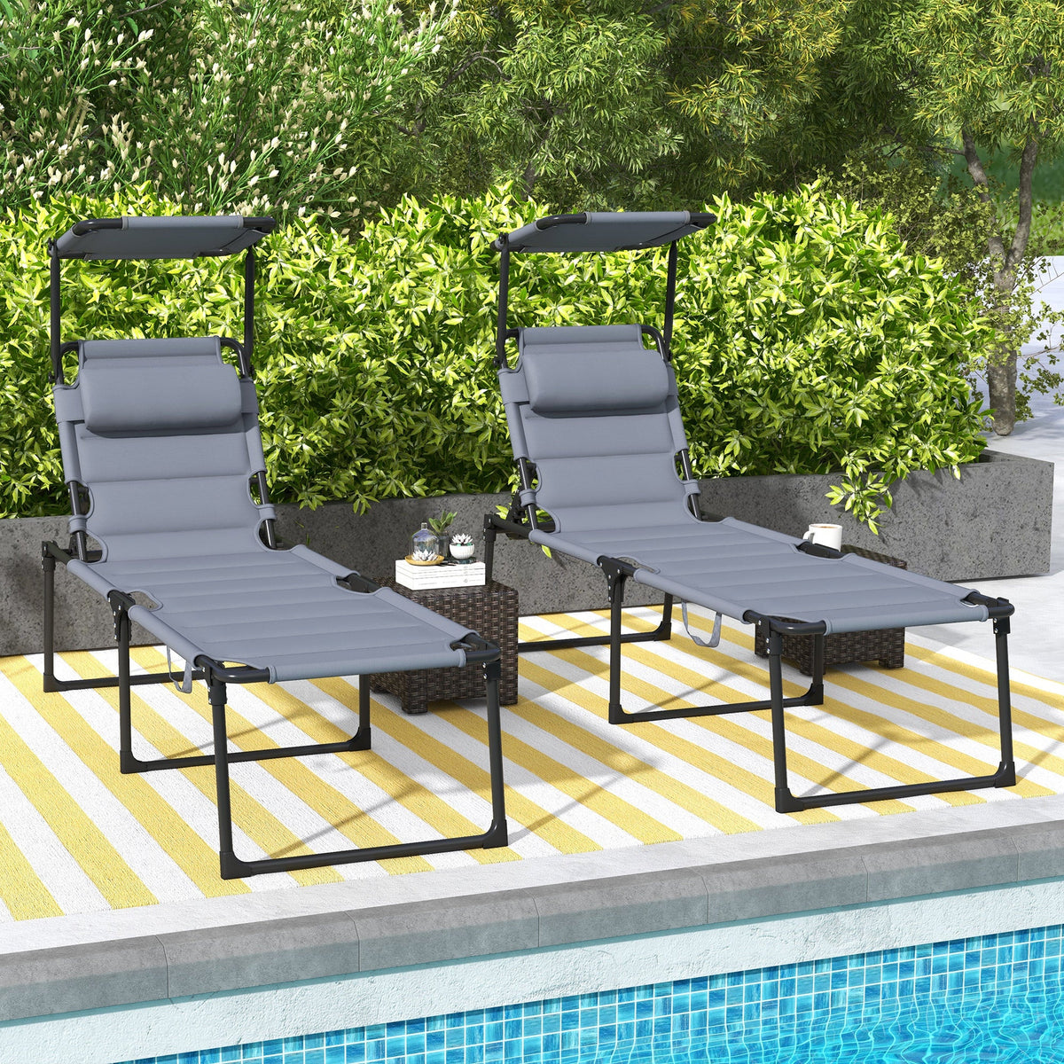 2-Piece Outdoor Lounge Chairs with Sunshade and Pillow, Gray