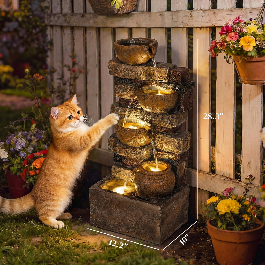 28" 5-Tier Outdoor Fountain with LED Lights and Adjustable Flow, Rustic Brown