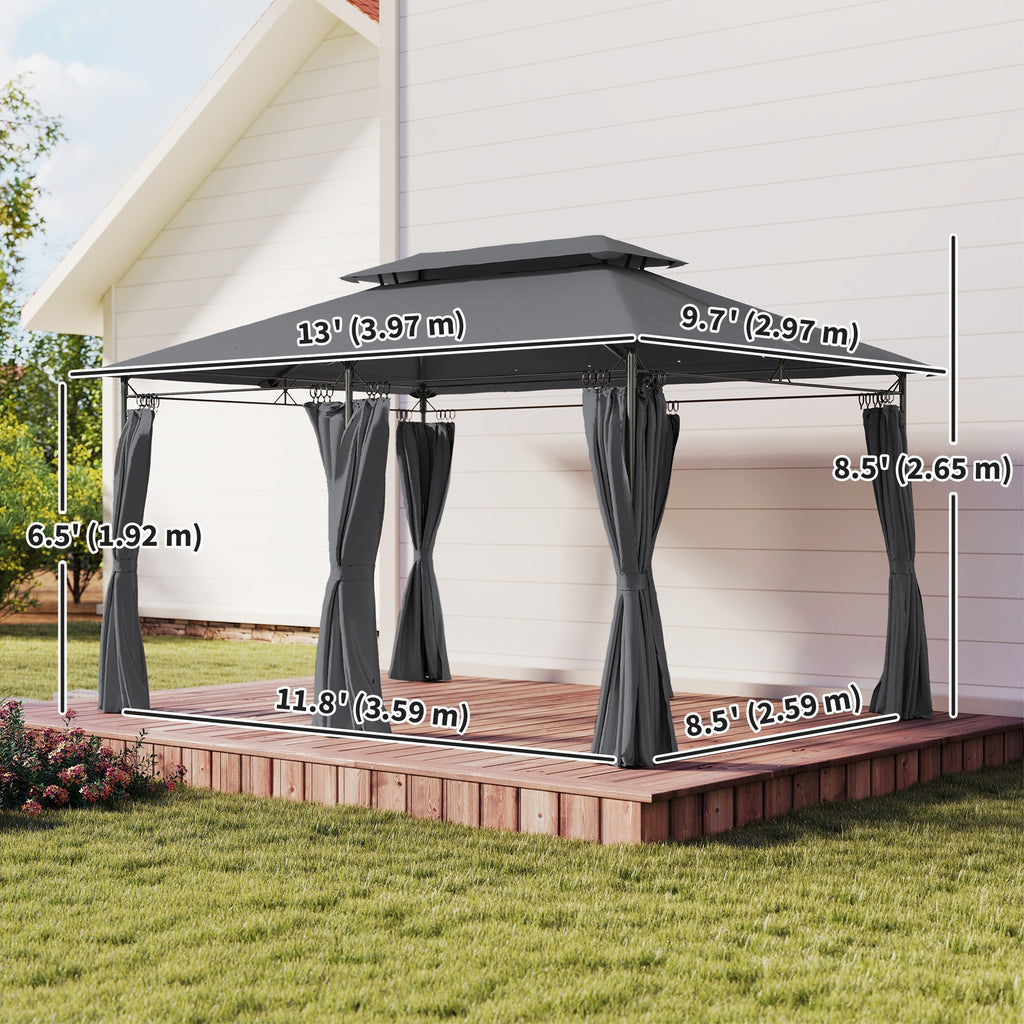 10' x 13' Patio Gazebo with Double Roof and Curtains, Grey
