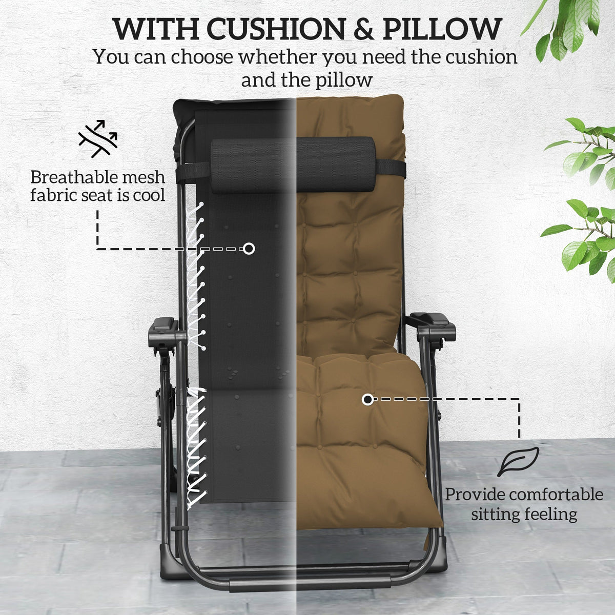 Set of 2 Reclining Zero Gravity Chairs with Cushion, Khaki