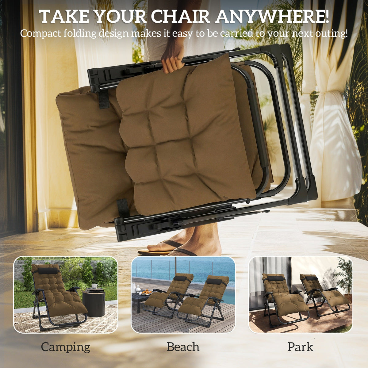 Set of 2 Reclining Zero Gravity Chairs with Cushion, Khaki