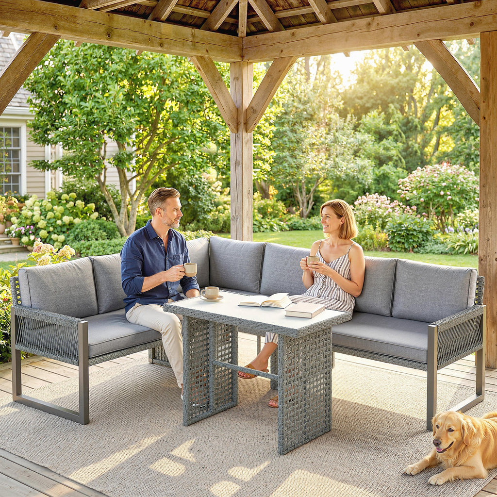 4 Piece Rattan Garden Furniture Set with 3 Loveseats, Grey