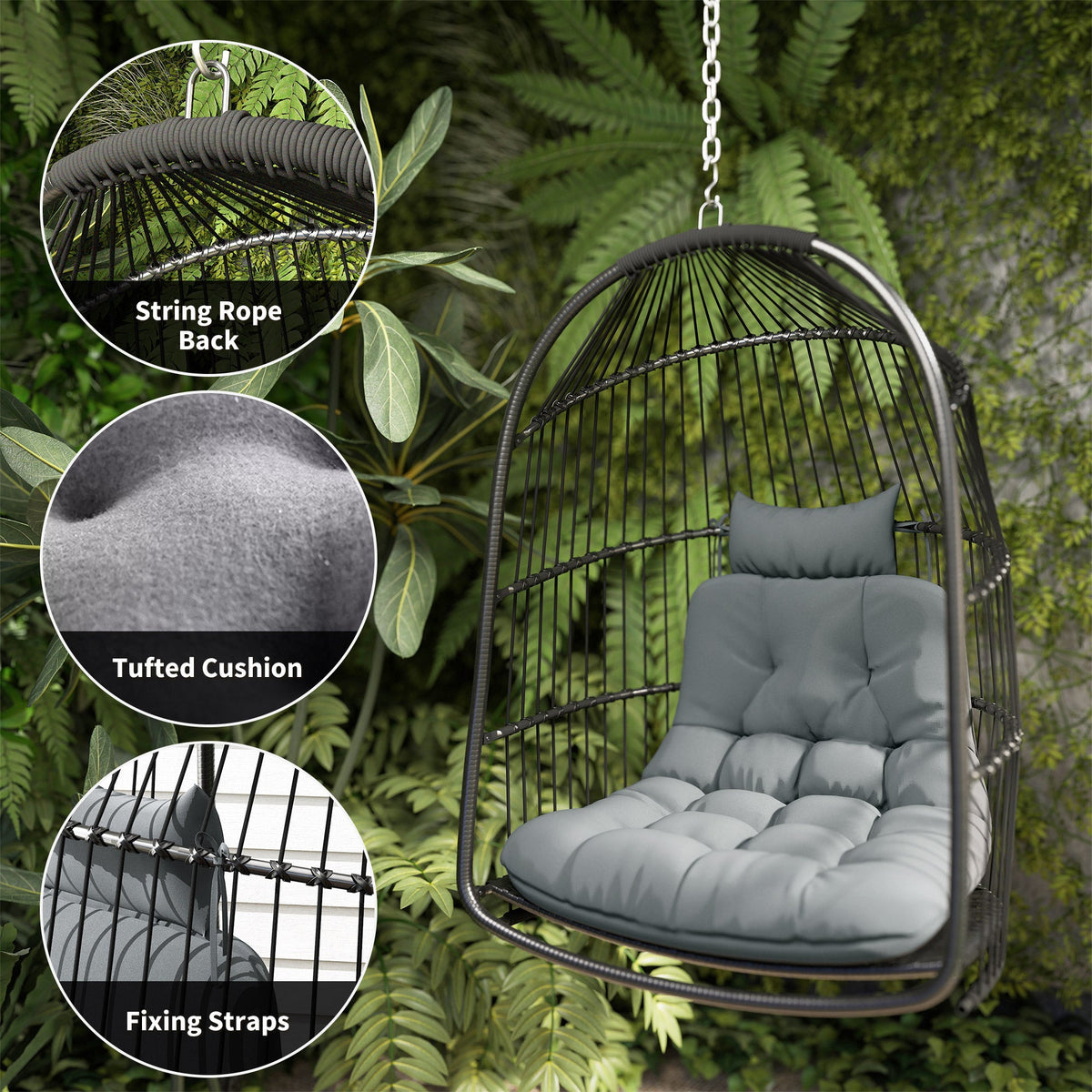 Foldable Hanging Egg Chair with Cushion, Headrest and Kit, Dark Grey